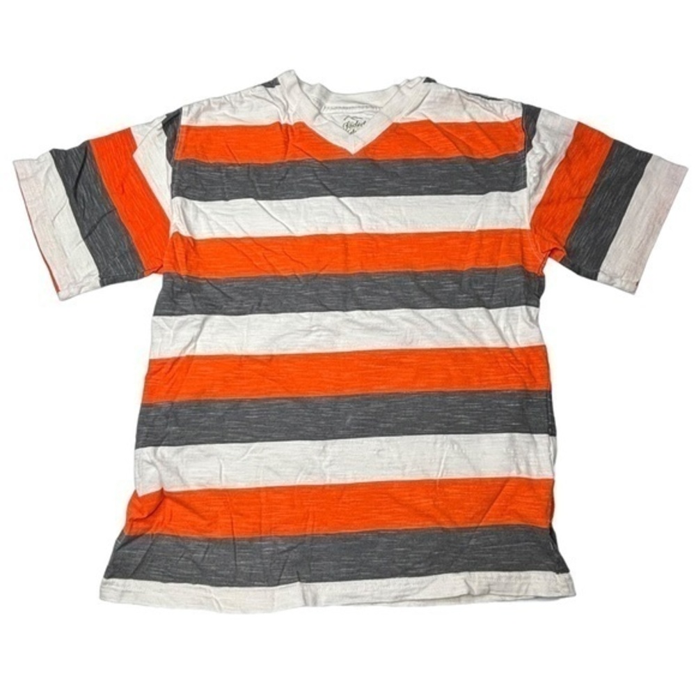 Faded Glory Boys Top Size L 10 12 Orange White Gray Striped V Neck Short Sleeve